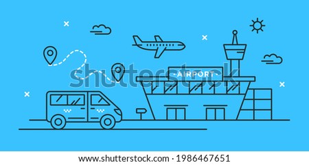 Vector illustration with airplane in the sky, airport building and taxi van. Transfer concept. The route of the trip. Stylish linear icons of airport terminal and minibus. Travel and transport.