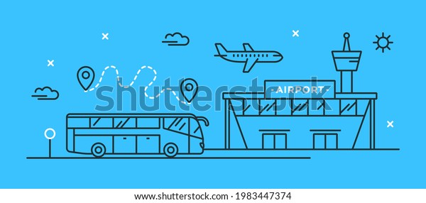 Vector illustration with an airplane in the sky,\
an airport building and a bus stop. Transfer concept. The route of\
the trip. Stylish linear icon of bus, airport terminal. Travel and\
transport theme.
