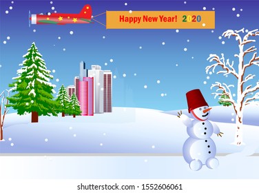 Vector illustration of a airplane in the sky  pulling a banner with congratulations happy new year 2020. And magic winter landscape with fir trees and a snowman at the city edge.