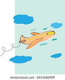 A vector illustration of an airplane soaring through a blue sky with white puffy clouds.