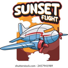Vector Illustration of Airplane with SUNSET FLIGHT words with Cute Cartoon Illustration Available for Plane Badge