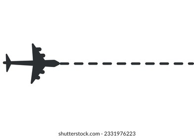 Vector illustration of airplane symbol following a dotted path. Dashed line. Means of air transport, flight.