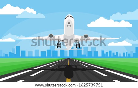 Vector illustration of the airplane takeoff or landing from runway with big city silhouette and blue sky with clouds.