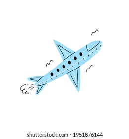 Ilustración vectorial del avión despegado o volador. Silhouette azul con líneas aisladas de fondo blanco. Caricatura de estilo plano. Dibujado a mano.