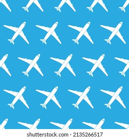 Vector illustration of an airplane top view on a blue background. Aviation holiday poster. Vector seamless pattern