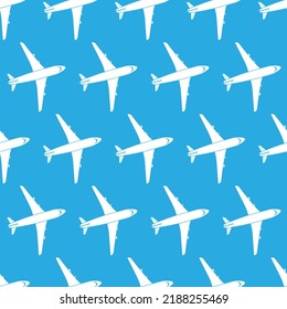 Vector illustration of an airplane top view on a blue background. Aviation holiday poster. Vector seamless pattern