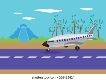 Vector illustration of an airplane touching down on a runway with Chichen Itza in the background