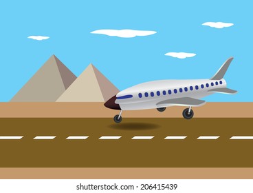 Vector illustration of an airplane touching down on a runway with Egyptian pyramids in the background