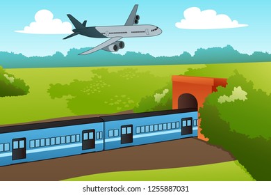A vector illustration of Airplane and Train 