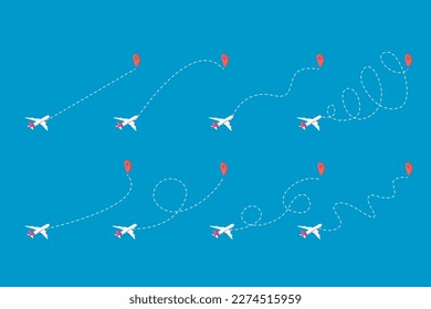 Vector Illustration of Airplane Trajectories Set, Air Travel