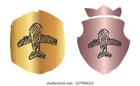 Vector Illustration of Airplane for Travel with Rose Gold and Gold Banner or Background. Graphic Design for Logo and T-shirt. 