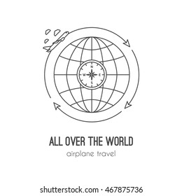 Vector illustration of airplane travel in thin lined style with isolated airplane flying around the globe with compass. Can be used as logo or element of your design for travel agency.