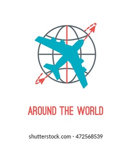 Vector illustration of airplane travel in thin lined style with isolated airplane flying around the globe with compass. Can be used as logo or element of your design for travel agency.