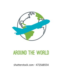 Vector illustration of airplane travel in thin lined style with isolated airplane flying around the globe with compass. Can be used as logo or element of your design for travel agency.
