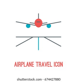 Vector illustration of airplane travel in thin lined style with isolated flying airplane. Can be used as logo or element of your design for travel agency.