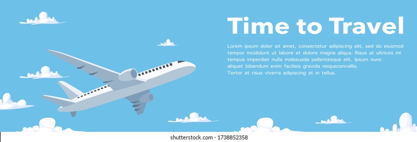 Vector and illustration of airplane traveling in sky air, aircraft flight in the blue sky and clouds in flat cartoon style. time to travel concept.