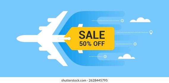 Vector illustration of an airplane with a yellow sale tag offering SALE 50 OFF. Summer vacations. Reservations and discounts on tickets. Flat design featuring a flight promotion concept with blue sky