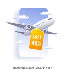 Ilustração vetorial de um avião com uma etiqueta de venda amarela oferecendo SALE 40 OFF. Reservas e descontos em tickets. Design plano com um conceito de promoção de voo com céu azul e nuvens.