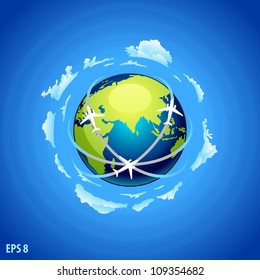 Vector illustration of airplanes fly above the earth