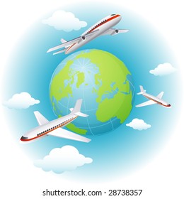 Ilustración de vectores - aviones que vuelan alrededor de la Tierra