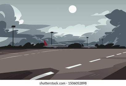 Vector illustration with airplanes on the runway. Flat style