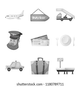 Vector illustration of airport and airplane icon. Collection of airport and plane stock vector illustration.