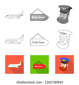 Vector illustration of airport and airplane icon. Set of airport and plane stock symbol for web.