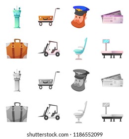 Vector illustration of airport and airplane icon. Set of airport and plane stock symbol for web.