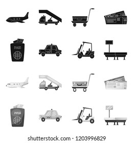Vector illustration of airport and airplane icon. Set of airport and plane vector icon for stock.