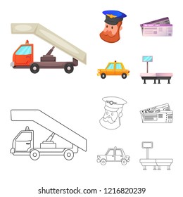 Vector illustration of airport and airplane icon. Set of airport and plane vector icon for stock.