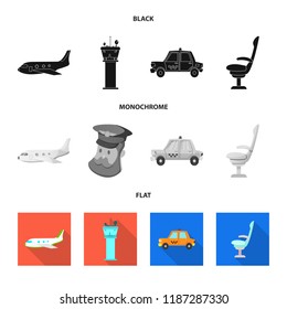 Vector illustration of airport and airplane logo. Set of airport and plane stock symbol for web.
