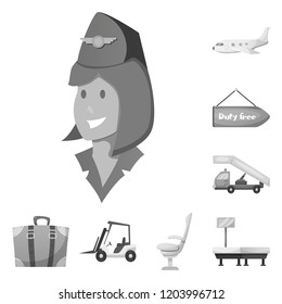 Vector illustration of airport and airplane logo. Collection of airport and plane stock symbol for web.