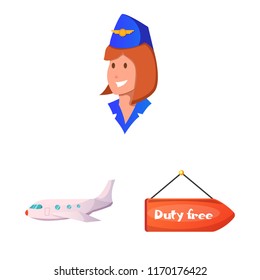 Vector illustration of airport and airplane sign. Set of airport and plane vector icon for stock.
