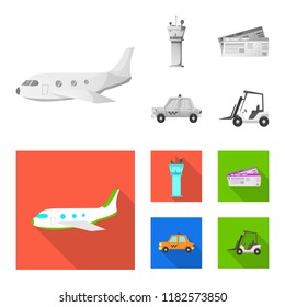 Vector illustration of airport and airplane sign. Set of airport and plane stock symbol for web.