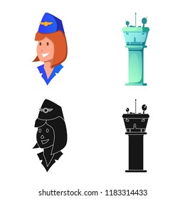 Vector illustration of airport and airplane sign. Set of airport and plane vector icon for stock.