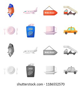 Vector illustration of airport and airplane sign. Set of airport and plane stock vector illustration.