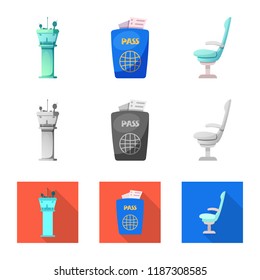 Vector illustration of airport and airplane sign. Set of airport and plane stock vector illustration.
