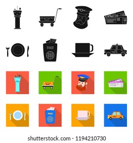 Vector illustration of airport and airplane sign. Set of airport and plane stock symbol for web.