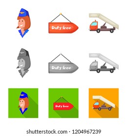 Vector illustration of airport and airplane sign. Set of airport and plane vector icon for stock.