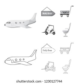 Vector illustration of airport and airplane symbol. Set of airport and plane stock vector illustration.