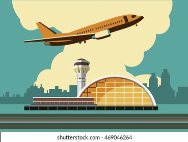 vector illustration of the airport building on city background in retro style and colors of the horizontal composition