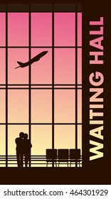 vector illustration of the airport building waiting room large picture window, people silhouettes, mourners, vertical poster,