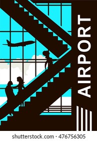 vector illustration of the airport building waiting room large picture window, people silhouettes, mourners, vertical poster, the movement of the escalator to the upper floors