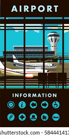 vector illustration of the airport building waiting room large picture window, people silhouettes, vertical poster, an information board with icons and text