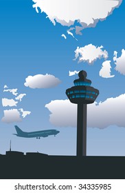 Vector illustration of airport control tower and flying airplane