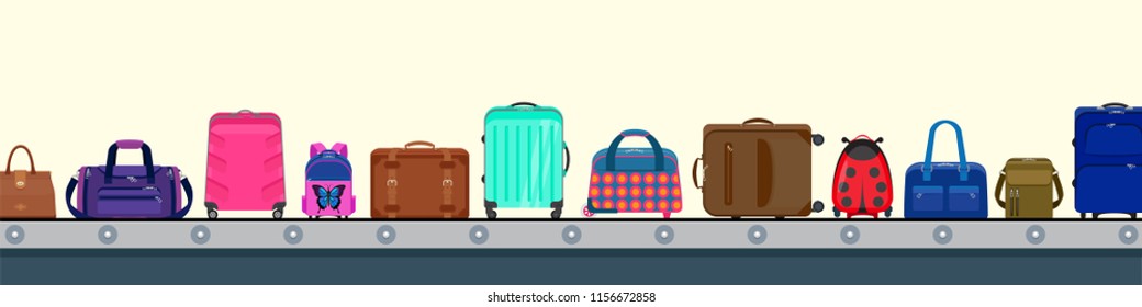 Vector illustration. Airport conveyor belt with passenger baggage. Various kinds of bags in terminal: vintage valise, modern suitcases on wheels, sport bag, leather case, child bags, backpack, purse. 