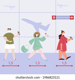 Vector illustration, airport, distance. Coronavirus. mask, security, vacation