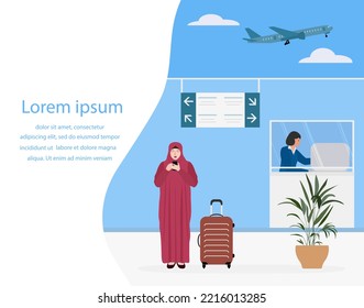 Vector illustration Airport. Muslim female with suitcase. Woman. Passenger. Tourist. Summer vacation. Travel and adventure concept. Service counter Reception Recreation Staff