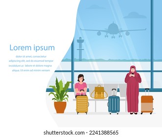 Vector illustration Airport. Muslim woman use cell phone, girl with suitcases waiting for check-in. Passenger. Tourist. Summer vacation. Travel and adventure concept. Flight Tourism