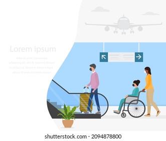 Vector illustration Airport People Suitcase Escalator Person in wheelchair Vacation Tourist Travel lifestyle Business trip Moving staircase Summer time Holiday Concept Travel agency Booking service